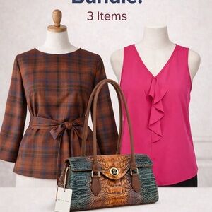 Bundle Pink Sleeveless Ruffle Top, Plaid Shirt and Croc Bag